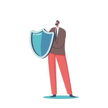 Business Man Character Holding Shield. Money Insurance, Bank Manager Investment Safety, Data Base Security, Health, Life And Welfare Protection Concept. Cartoon People Vector Illustration
