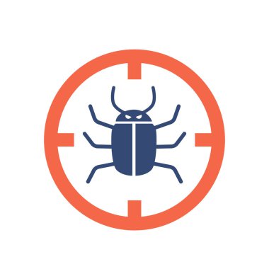 Bug inside of Red Circle Isolated on White Background. Hacker Attack, Virus, Malware Attention, Pest Control Symbol, Blackmail. Virtual Cyber Security and Spam Concept. Cartoon Vector Illustration