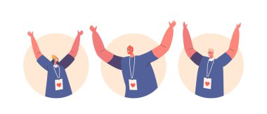Joyful Volunteers Team Of Male and Female Characters From Social Charity Service Isolated Round Icons or Avatars. Smiling Happy Men And Women Group with Badges. Cartoon People Vector Illustration