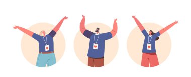 Happy Volunteers Team Rejoice Isolated Round Icons or Avatars. Joyful Male and Female Characters From Social Charity Service with Raised Arms. Smiling Men And Women. Cartoon People Vector Illustration