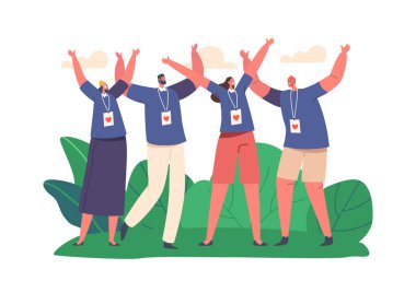 Happy Volunteers Team Of Male and Female Characters From Social Charity Service Standing Together. Smiling United Men And Women Group with Donation Community Badges. Cartoon People Vector Illustration