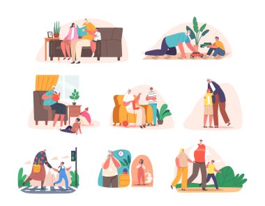Set Children Spend Time with Grandparents. Little Boys and Girls Characters Walking, Reading, Help, Playing, Call and Communicate with Grandmother and Grandfather. Cartoon People Vector Illustration