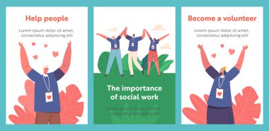 The Importance of Social Work Cartoon Banners. Happy Volunteers Team Rejoice. Joyful l Charity Service Characters Stand Together with Raised Arms. Men And Women Community Help People. Vector Posters