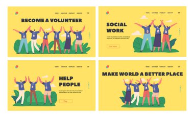 Volunteers Team Landing Page Template Set. Happy Joyful Male and Female Group From Social Charity Service Stand Together with Raised Arms. Smiling Men And Women. Cartoon People Vector Illustration