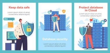Database Security Cartoon Banners. People Holding Shields Protect Server Or Hard Disks. Secured Services For Safe Cloud Storage Of User Data, Characters Care of Information Files. Vector Posters