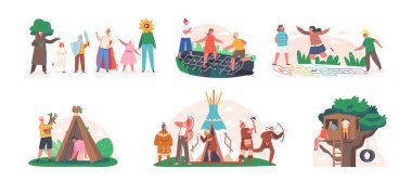 Set Outdoors Children Games and Fun. Kids Characters Playing Hopscotch, Indians, Sitting on Tree House, Presenting Fairy Tale and Building Hut on Summer Vacation. Cartoon People Vector Illustration