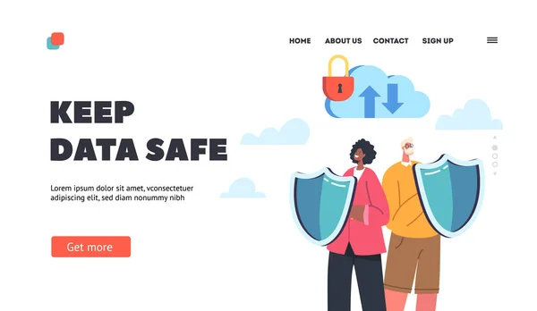 Secured Database Landing Page Template Guards Characters Holding Shields Protect — Archivo Imágenes Vectoriales