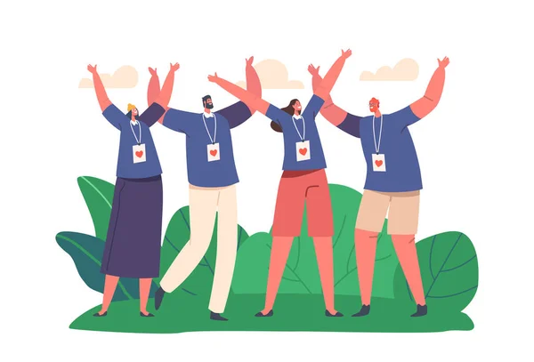 Happy Volunteers Team Male Female Characters Social Charity Service Standing — стоковый вектор