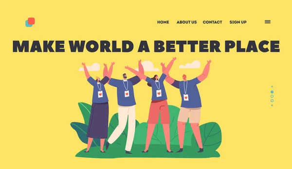 Happy Volunteers Team Landing Page Template Male Female Characters Social — Stockový vektor