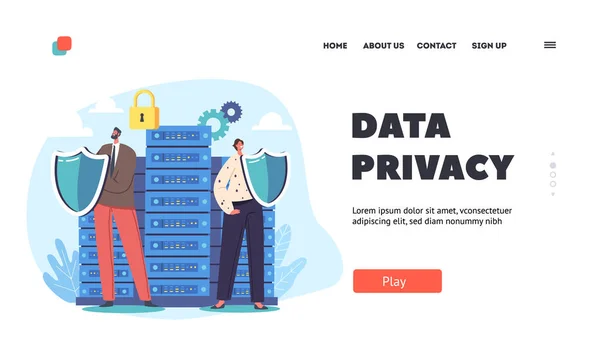 Data Privacy Landing Page Template Man Woman Characters Guards Holding — Vetor de Stock