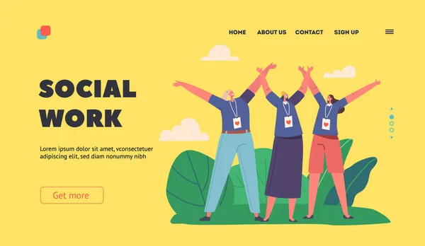 Social Work Landing Page Template Joyful Volunteers Team Smiling Hands — 图库矢量图片