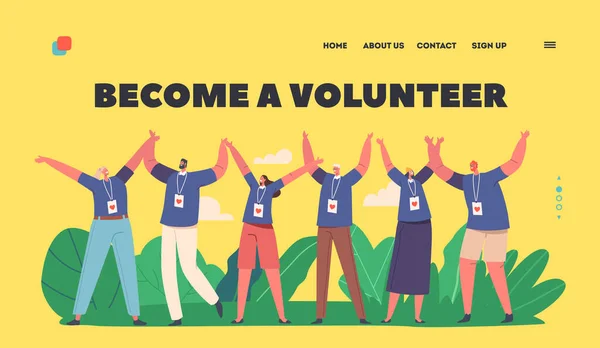 Become Volunteers Landing Page Template Happy Joyful Male Female Group — Image vectorielle