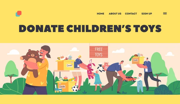 Donate Children Toys Landing Page Template Young Volunteers Giving Toys — Image vectorielle