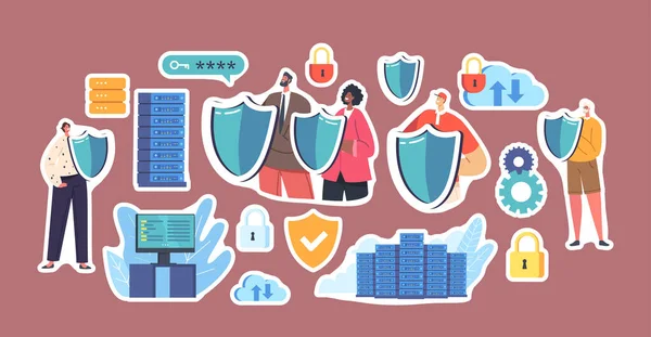 Set Stickers People Holding Shields Protect Server Hard Disks Secured — Image vectorielle