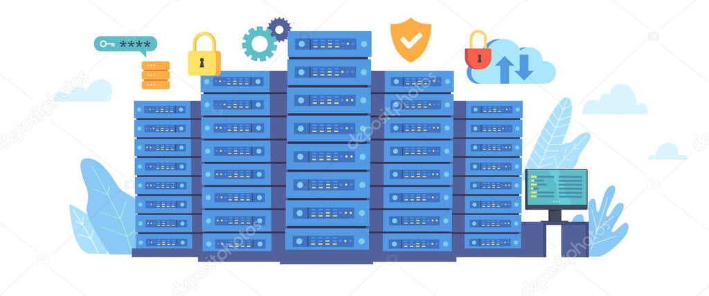 Data Center, Abstract Digital Warehouse. Server Room Of Clouds Computing Technology. Server Farm Communication With Internet Network Connection And Information Exchange Cartoon Vector Illustration