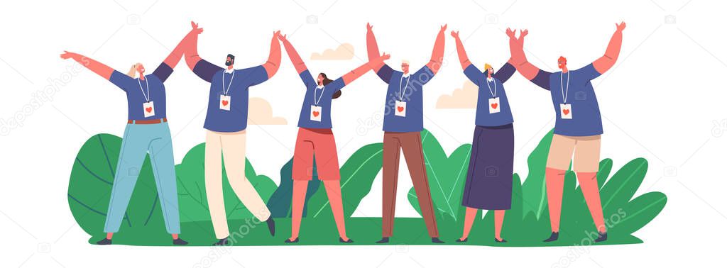 Happy Volunteers Team Rejoice. Joyful Male and Female Group From Social Charity Service Stand Together with Raised Arms. Smiling United Men And Women Community. Cartoon People Vector Illustration