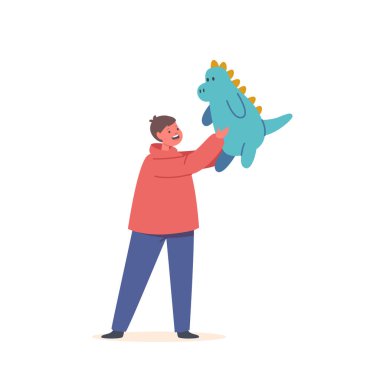 Little Boy with Dinosaur Toy, Child Playing with Dino. Kid Having Fun and Recreation at Home or Kindergarten, Kids Activity, Donation Isolated on White Background. Cartoon People Vector Illustration