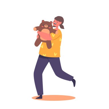 Little Girl Character Holding Soft Teddy Bear Toy Playing and Smiling Isolated on White Background. Caucasian Child Happiness and Freedom, Kindergarten Playground. Cartoon People Vector Illustration