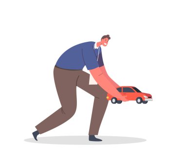 Man Volunteer Hold Plastic Car Gift or Donation to Orphans Kids. Male Character Donate Toy, Humanitarian Aid, Help to Children, Volunteering, Charity, Philanthropy. Cartoon Vector People Illustration