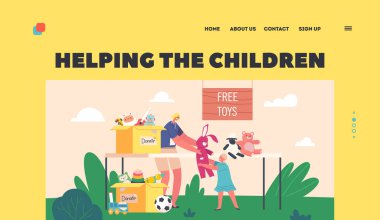 Help to Kids Charity Landing Page Template. Woman Giving Toy to Orphan Girl, Donation of Goods for Poor Children. Female Volunteer Character Caring and Philanthropy. Cartoon People Vector Illustration