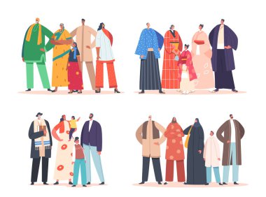 Set of Traditional Happy Family Characters. Indian, Asian, Jewish and Muslim Father, Mother, Grandparents and Children Loving Relations. Diverse Parents and Kids. Cartoon People Vector Illustration