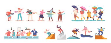 Set of Children Different Fun and Activities. Kids Boys and Girls Character Spinning Hoop, Walking Under Umbrella at Rain, Brushing Teeth, Riding on Skate Board. Cartoon People Vector Illustration