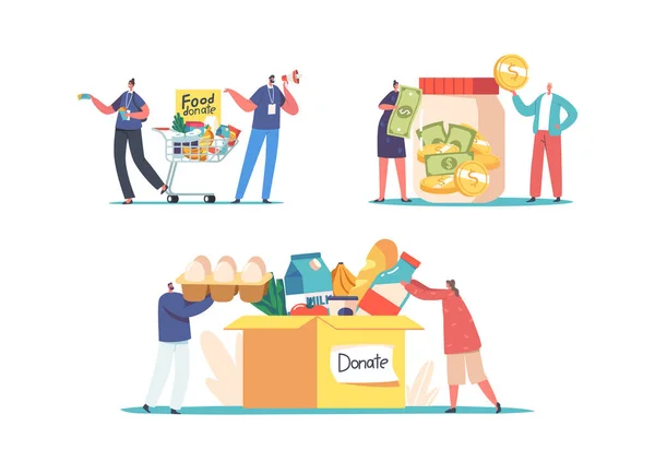 Set Tiny People Filling Huge Cardboard Box Donated Food Money — Vector de stock