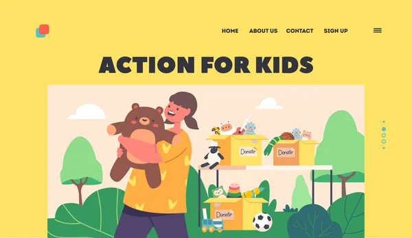 Action Kids Landing Page Template Girl Taking Free Toys Donation —  Vetores de Stock