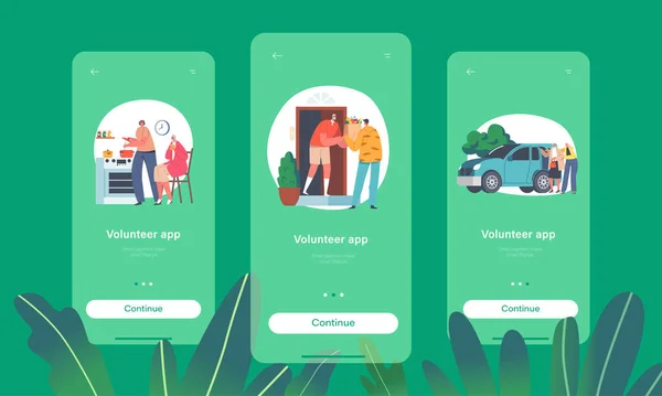 Volunteer Mobile App Page Onboard Screen Template Caregiver Characters Care — Vector de stock