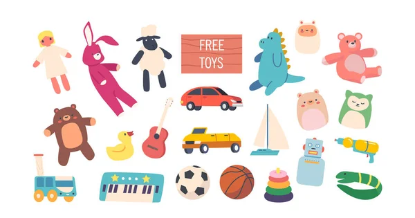 Σύνολο Δωρεάν Παιχνιδιών Δώρα Playthings Κούκλα Πρόβατα Κουνέλι Και Δεινόσαυρος — Διανυσματικό Αρχείο