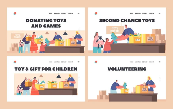 Donate Toys Landing Page Template Set Family Kids Bringing Toys - Stok Vektor