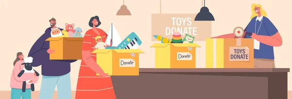 Charity Concept Parents Little Girl Giving Toys Volunteer Character Who — Stockový vektor