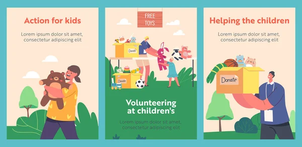 Volunteering Children Cartoon Banners Young Volunteers Giving Toys Orphan Kids —  Vetores de Stock