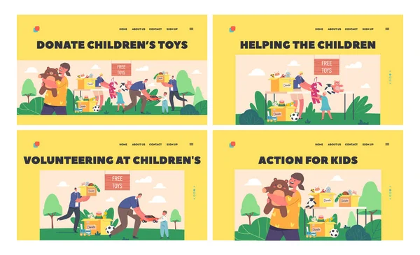 Donate Children Toys Landing Page Template Set Young Volunteers Giving — Stock Vector