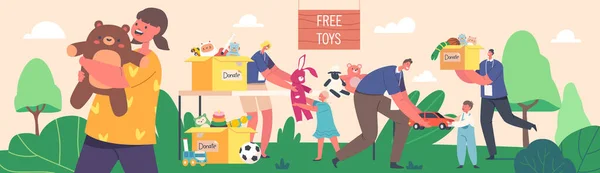 Young Volunteers Giving Toys Orphan Kids Carton Donation Box Goods — Stockový vektor