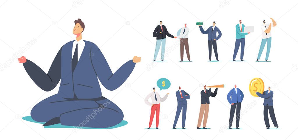 Set of Businessmen Characters Isolated on White Background. Men Shaking Hands, Showing Muscles, Speaking of Money, Look in Spyglass, Holding Coin and Bills in Hand. Cartoon People Vector Illustration