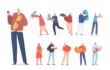 Set of Characters Holding Products. Men and Women with Eggs, Milk, Bread, Vegetable, Corn, Sausage, Water Isolated on White Background. People Buying Food and Grocery. Cartoon Vector Illustration