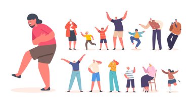 Set of Happy People Positive Emotions. Kids, Seniors and Adult Characters Raising and Waving Hands Celebrate Success, Greeting Gestures, Laugh and Fun Expressions. Cartoon Vector Illustration