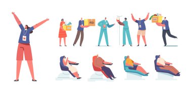 Set of Volunteers and Donors. People with Humanitarian Aid and Donation Boxes in Hands. Male and female Characters Donate Food, Clothes and Blood for Volunteering, Charity. Cartoon Vector Illustration