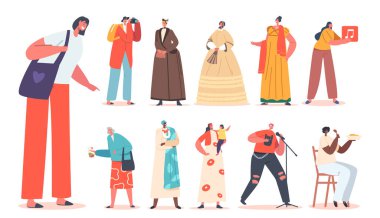 Set of Diverse Female Characters, Women of Past and Modern Era, Isolated Victorian Ladies, Senior Rock Musician, Aged Tourist, African Mother with Child, Granny. Cartoon People Vector Illustration