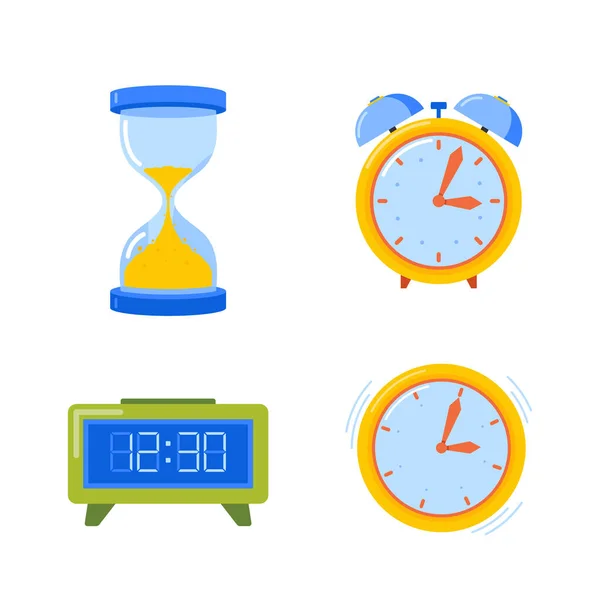 Set Clocks Hourglass Sandglass Digital Mechanic Watches Alarm Clock Isolated — стоковий вектор