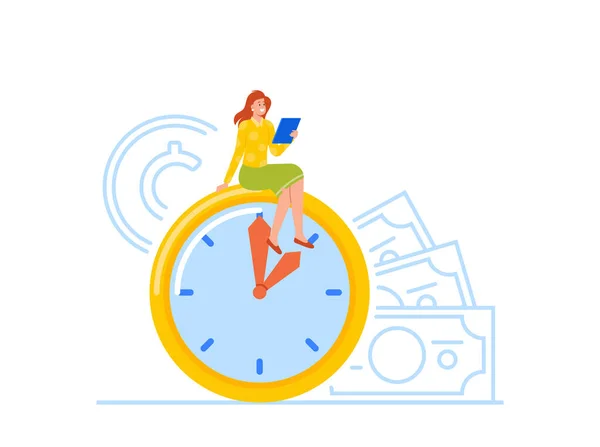 Confident Businesswoman Sitting Huge Clock Tablet Hands Deadline Time Management — ストックベクタ