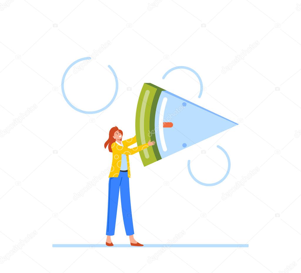 Businesswoman Character Holding Clock Timer Piece. Concept of Project Management, Tasks Allocation, Strategic Planner and Control of Finishing Projects in Time. Cartoon People Vector Illustration