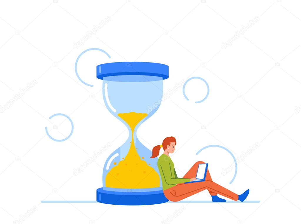 Tiny Businesswoman Character Sitting at Hourglass with Laptop in Hands. Business Process Concept, Time Management, Procrastination, Working Productivity. Cartoon People Vector Illustration