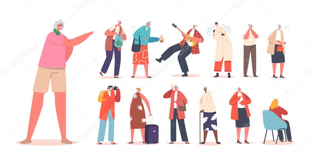 Set of Senior Women Activities and Fun. Old Female Characters Travel with Suitcase, Call by Mobile, Playing in Rock Band, Trendy Granny Laughing and Walking. Cartoon People Vector Illustration