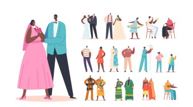 Set of African Characters, Black Newlywed Couples, Children, Modern and Traditional Authentic Pairs. Men and Women Eating, Nurse with Blood Bag, Kids Playing, Fun. Cartoon People Vector Illustration