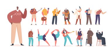 Set of Senior Men Activities and Fun. Old Male Characters Travel, Doing Sport Exercises, Playing in Rock Band, Shaman with Tambourine, Victorian Century Gentleman. Cartoon People Vector Illustration
