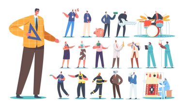 Set of Male and Female Characters Different Professions. Men and Women Teacher, Volunteer, Promoter, Robber, Banker, Drummer and Chemist. Nurse, Doctor, Worker. Cartoon People Vector Illustration