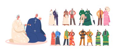 Set of Authentic Couples. Male and Female Characters of Chinese, Jewish, African, Japanese or European Ethnicity. Victorian, Indian, Oriental Married Pairs. Cartoon People Vector Illustration