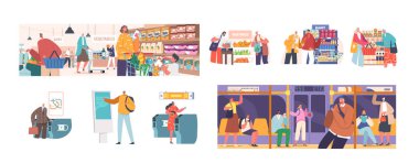 Set of Male and Female Characters Social Communications. Men and Women Buying Food in Supermarket, Use Metro Transportation, Young and Old People City Dwellers Lifestyle. Cartoon Vector Illustration
